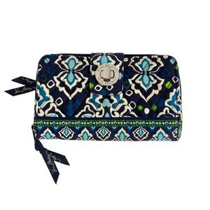 VERA BRADLEY Turnlock Wallet RIFD Pattern Blue Ink Zip Around Large Quilted